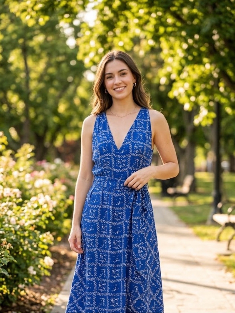& Other Stories Blue Floral Leaf V-Neck Dress Belted 100% Cotton Sz 4
